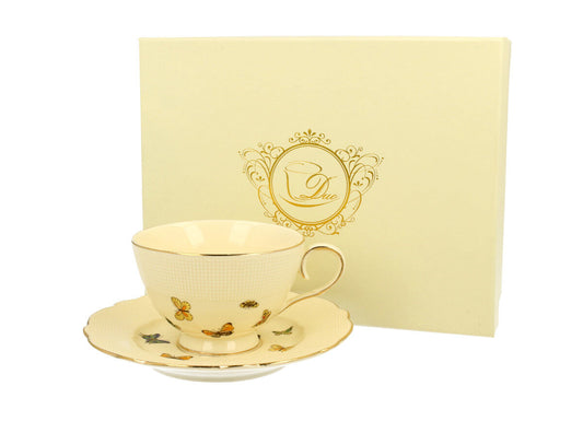 DUO ECRU Tasse 260 ml BUTTERFLIES mit Untertasse, New Bone China Porzellan