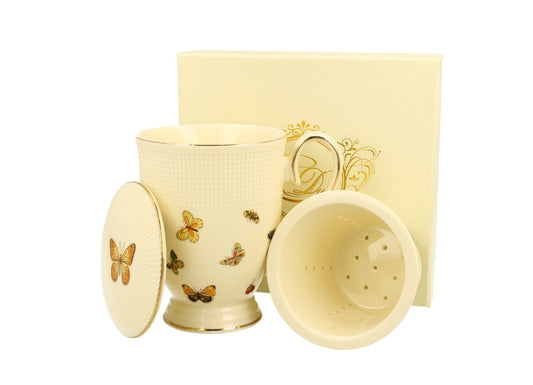 DUO ECRU Becher 400 ml BUTTERFLIES mit Teesieb, New Bone China Porzellan