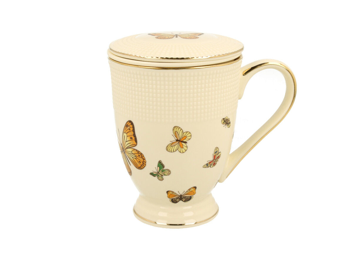 DUO ECRU Becher 400 ml BUTTERFLIES mit Teesieb, New Bone China Porzellan – Bild 2
