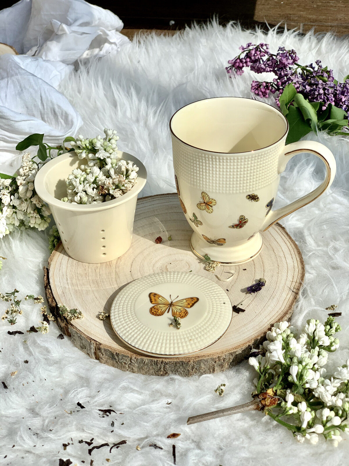 DUO ECRU Becher 400 ml BUTTERFLIES mit Teesieb, New Bone China Porzellan – Bild 5