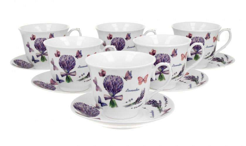 DUO CROCUS 6er-Set Tassen 220 ml VIOLET mit Untertassen, New Bone China Porzellan