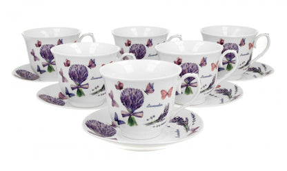 DUO CROCUS 6er-Set Tassen 220 ml VIOLET mit Untertassen, New Bone China Porzellan