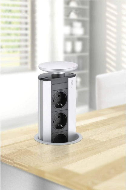 EVOLINE Port versenkbare Energiebox mit 3 Steckdosen und silberfarbigem Deckel / Schukosteckdosen / Steckdose