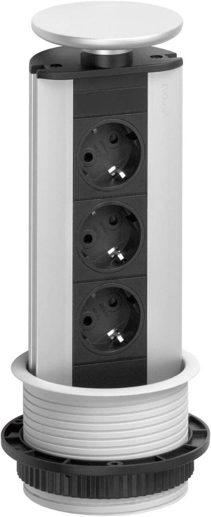 EVOLINE Port versenkbare Energiebox mit 3 Steckdosen und silberfarbigem Deckel / Schukosteckdosen / Steckdose