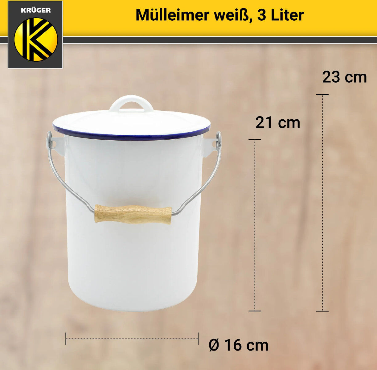 Karl Krüger M3 Mülleimer mit Deckel 3 Liter aus Haushaltemaille in Weiß