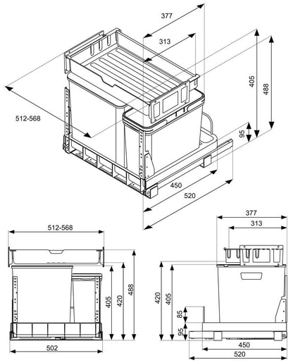 MÜLLEX Euro Boxx 55/60-R Abfallsystem inklusive Auszugssystem als Vollauszug, 56 (40+16) Liter / ab 55 cm Schrankbreite… – Bild 2