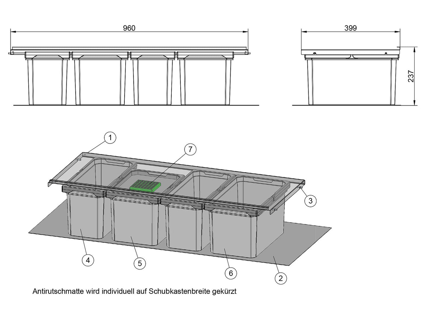 Abfallsorter Cox® Box 235 S/1000-4 Bio mit vierfach Trennung für 100 cm Schrankbreite / Abfalleimer / Abfallsammler /… – Bild 2