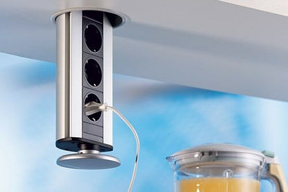 EVOLINE Port versenkbare Energiebox mit 3 Steckdosen und silberfarbigem Deckel / Schukosteckdosen / Steckdose