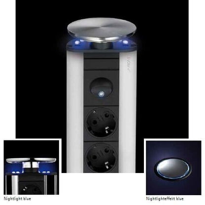 EVOLINE Port NIGHTLIGHT mit Edelstahldeckel und blauen LEDs - die versenkbare Energiebox mit 3 Steckdosen und LED / Schukosteckdosen / Steckdose