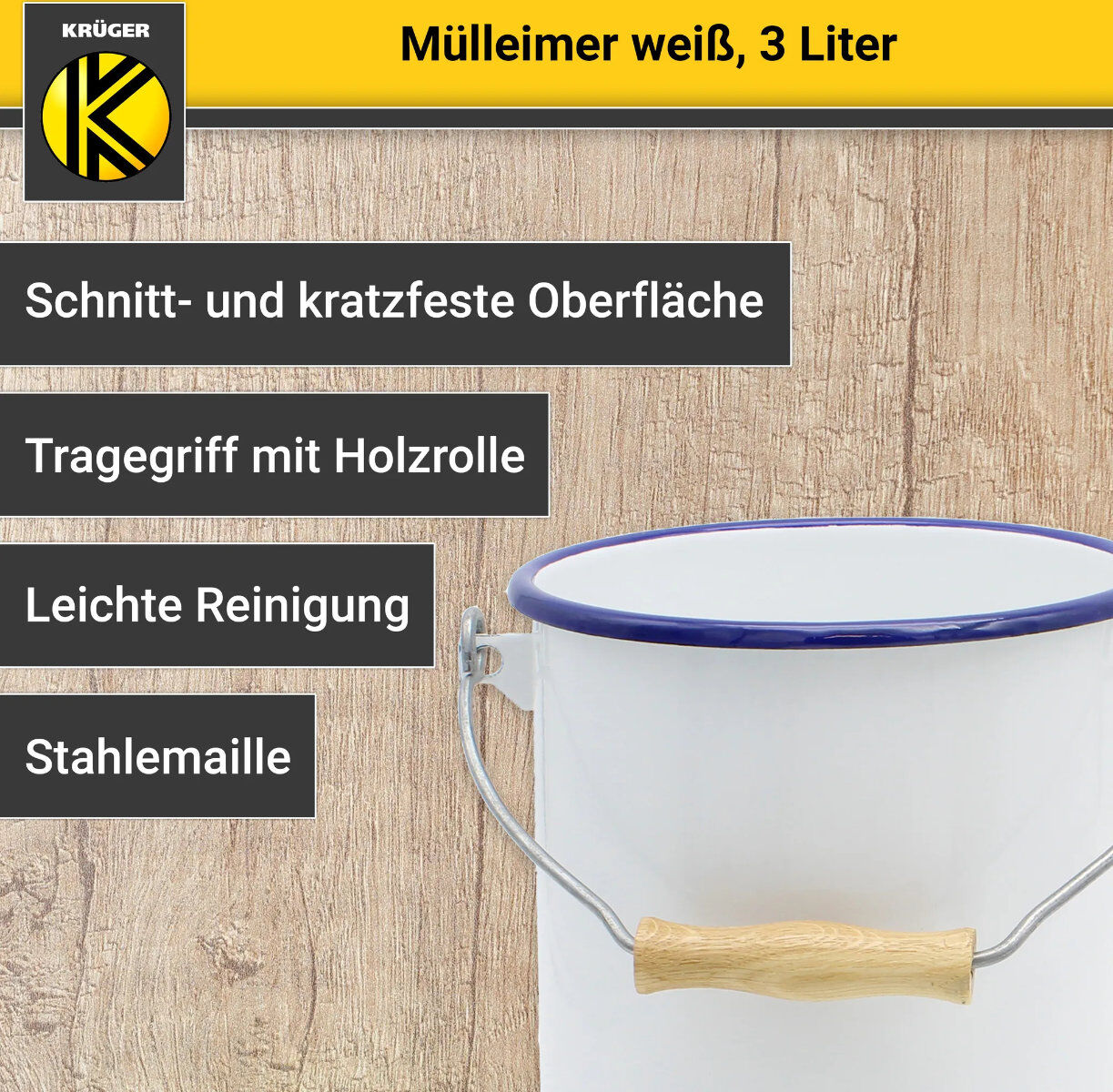 Karl Krüger M3 Mülleimer mit Deckel 3 Liter aus Haushaltemaille in Weiß
