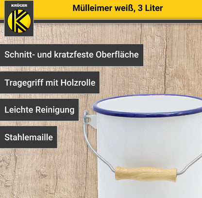 Karl Krüger M3 Mülleimer mit Deckel 3 Liter aus Haushaltemaille in Weiß