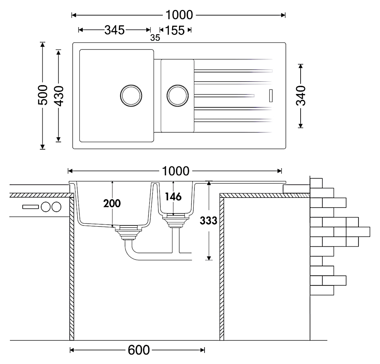 NABER Spüle ANGOLA 150 mit Drehexcentergarnitur verchromt / Auflagespüle / 60 cm Schrankbreite