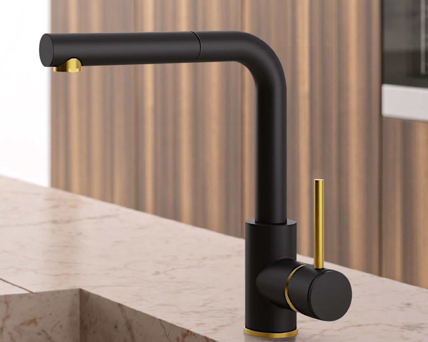 AquaCucina SF1 TEC Armatur 50004-SG in SCHWARZ GOLD mit herausziehbarem Auslauf / Küchenarmatur / Einhebelmischer – Bild 3