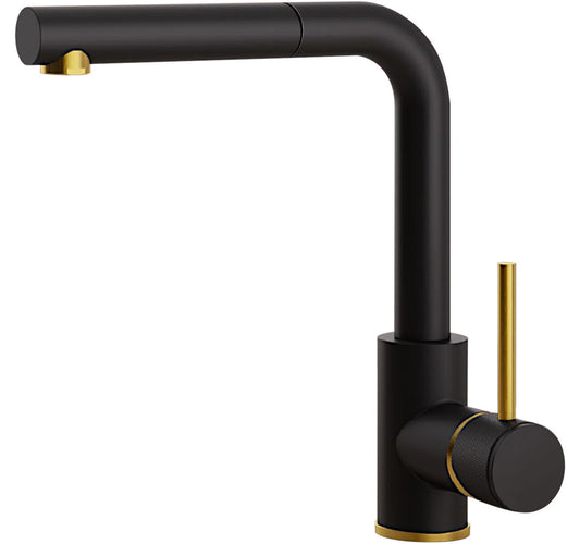 AquaCucina SF1 TEC Armatur 50004-SG in SCHWARZ GOLD mit herausziehbarem Auslauf / Küchenarmatur / Einhebelmischer