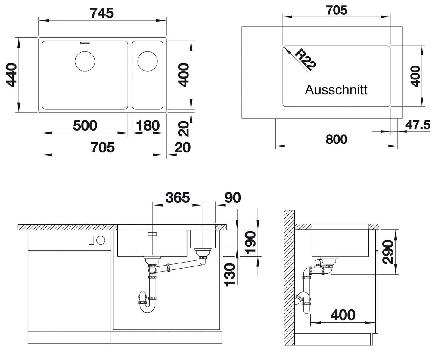 BLANCO 522989 ANDANO 180/500-U mit InFino®-Ventil ohne Ablauffernbedienung / Edelstahlbecken – Bild 2
