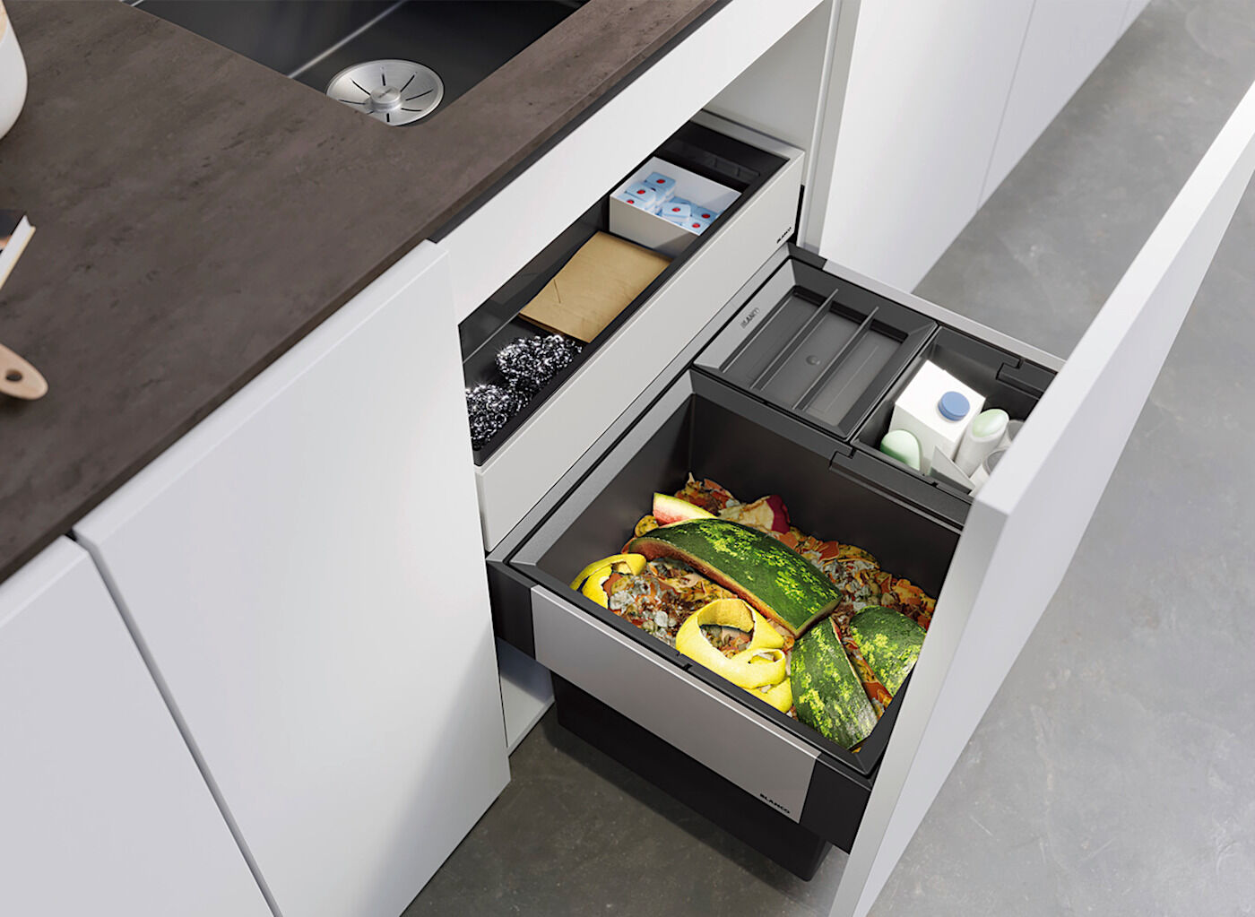 BLANCO 526210 SELECT II XL 60/3 ORGA Abfallsystem 46 Liter (1x 30 u. 2x 8) für 60 cm Schrankbreite / Frontanbindung – Bild 4