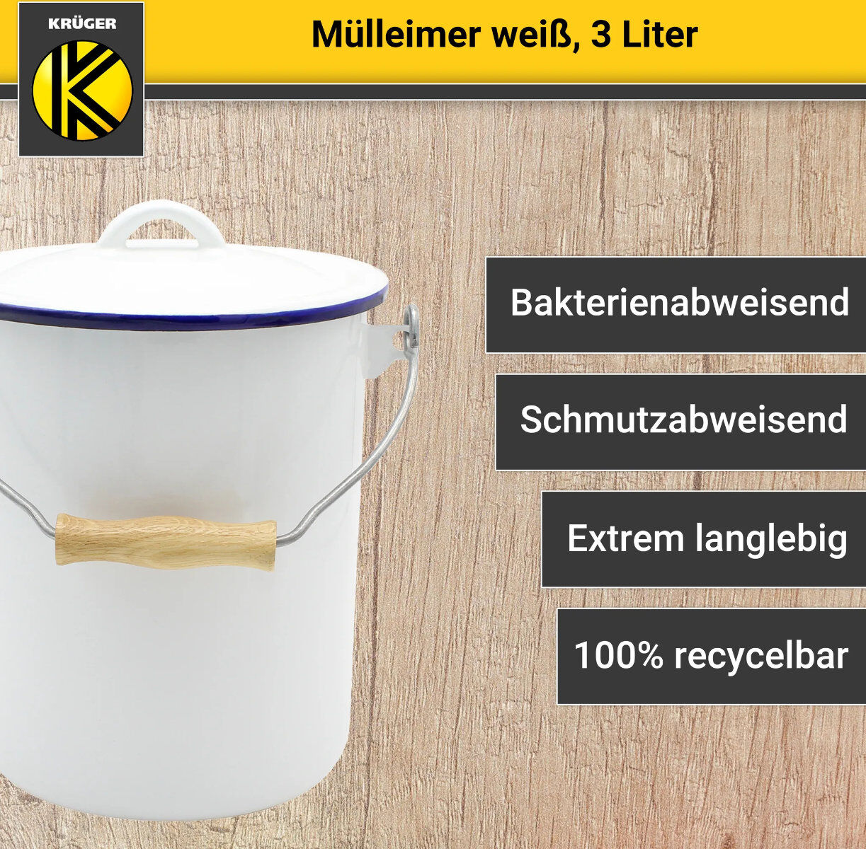 Karl Krüger M3 Mülleimer mit Deckel 3 Liter aus Haushaltemaille in Weiß