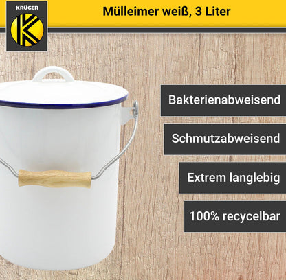 Karl Krüger M3 Mülleimer mit Deckel 3 Liter aus Haushaltemaille in Weiß