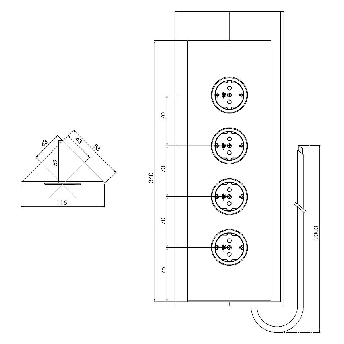 CARESSI 4ST36 Energie-Ecksäule 4-fach in EDELSTAHL / Mehrfachsteckdose – Bild 2
