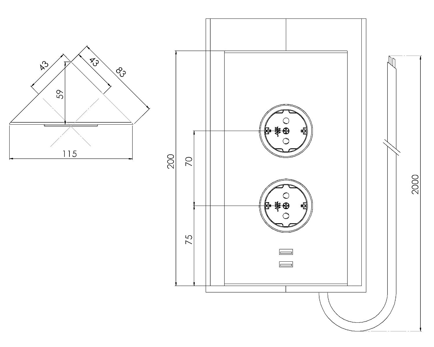 CARESSI Energie-Ecksäule 2ST20/USB EDELSTAHL mit 2x USB-C / Mehrfachsteckdose – Bild 2