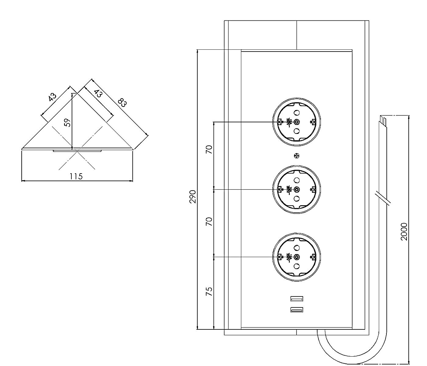 CARESSI Energie-Ecksäule 3ST29/USB SCHWARZ mit zwei USB-C Ports / Mehrfachsteckdose – Bild 2