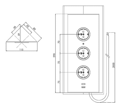 CARESSI Energie-Ecksäule 3ST29/USB SCHWARZ mit zwei USB-C Ports / Mehrfachsteckdose – Bild 2
