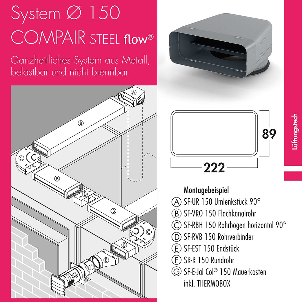 SF-VRO flex 150 Flachkanalrohr, flexibel mit Profildichtungen / COMPAIR STEEL flow 150 (System Ø 150)