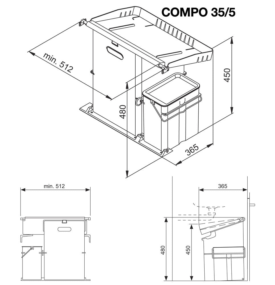 MÜLLEX COMPO 35/5 Abfallsystem zur Montage auf Schrankboden, 40 (35+5) Liter / ab 55 cm Schrankbreite / 2-fach Trennung – Bild 2