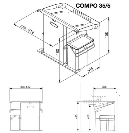 MÜLLEX COMPO 35/5 Abfallsystem zur Montage auf Schrankboden, 40 (35+5) Liter / ab 55 cm Schrankbreite / 2-fach Trennung – Bild 2
