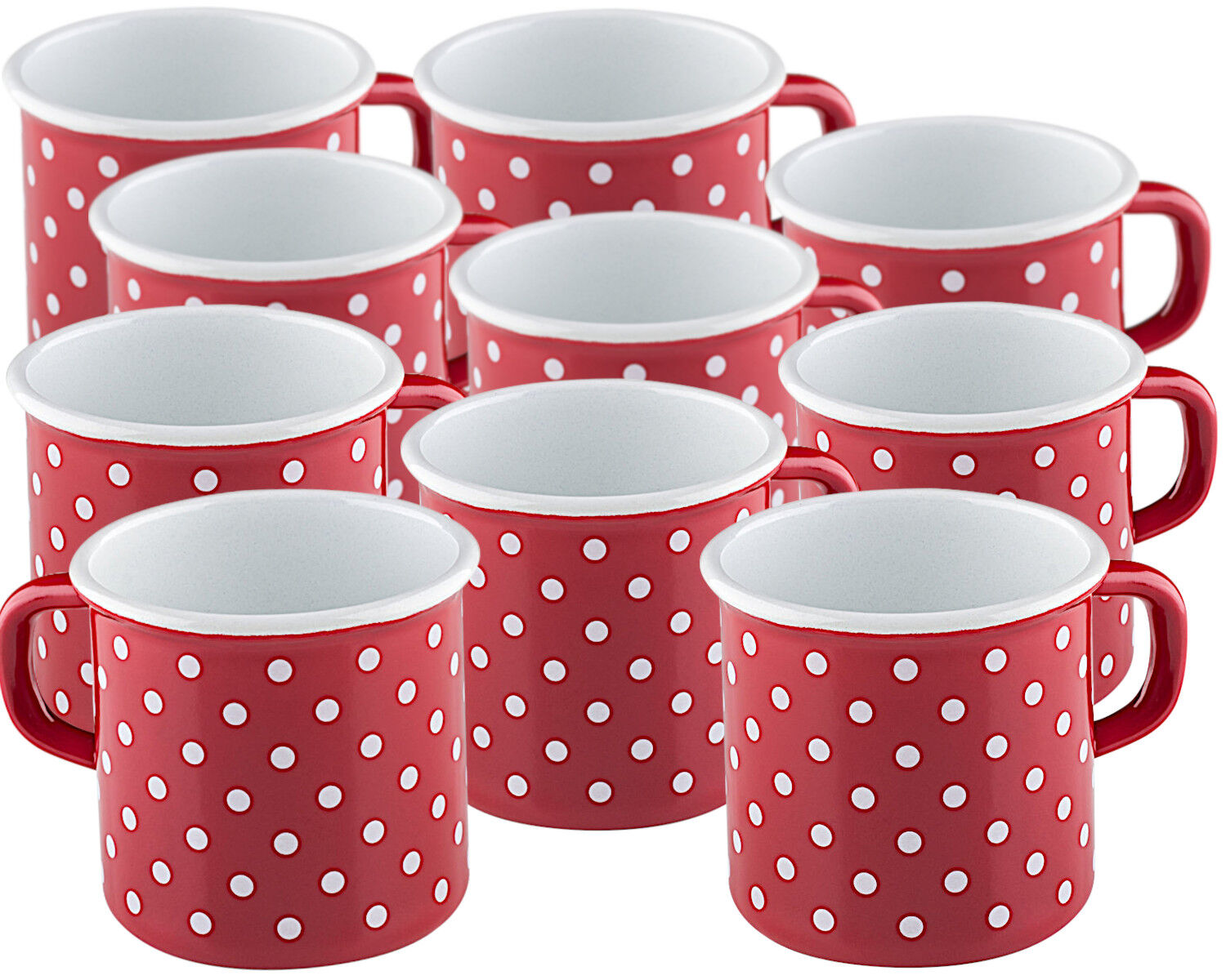10er SET RIESS 0221-077 Topf mit Bördel 8 cm, 3/8 L, Emaille, Country, Pünktchen Rot / Trinkbecher