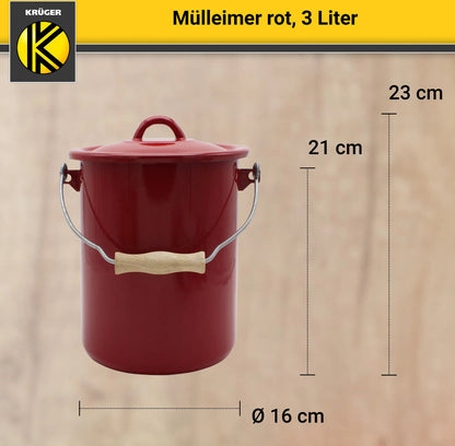 Karl Krüger M3R Mülleimer mit Deckel 3 Liter aus Haushaltemaille in Rot