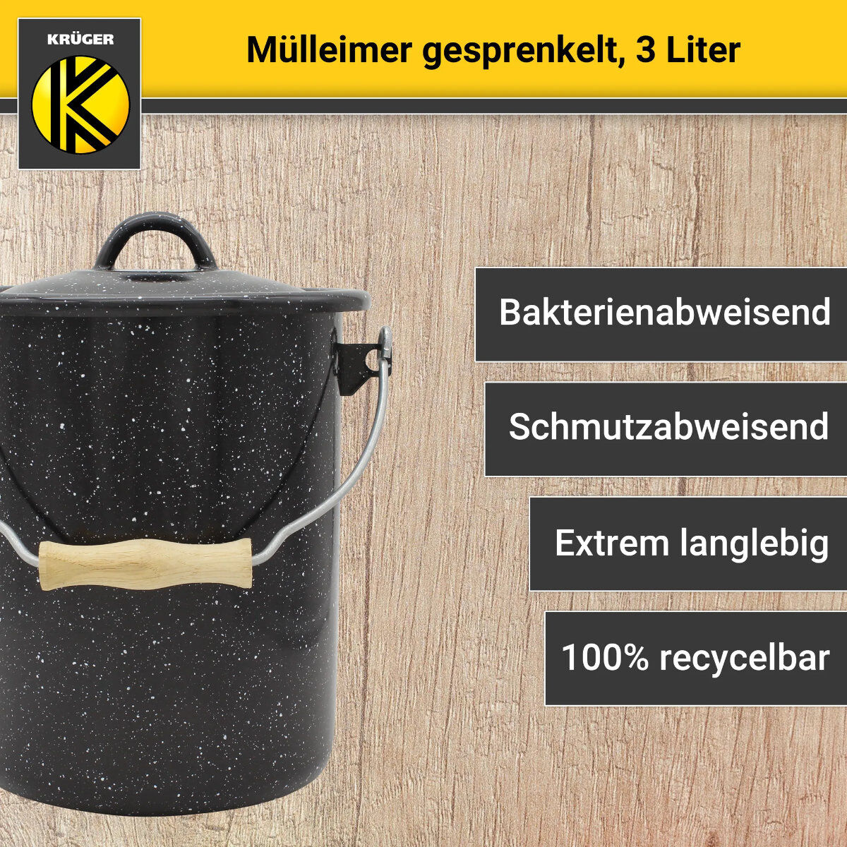 Karl Krüger M3G Mülleimer mit Deckel 3 Liter aus Haushaltemaille in Schwarz­-Weiß gesprenkelt