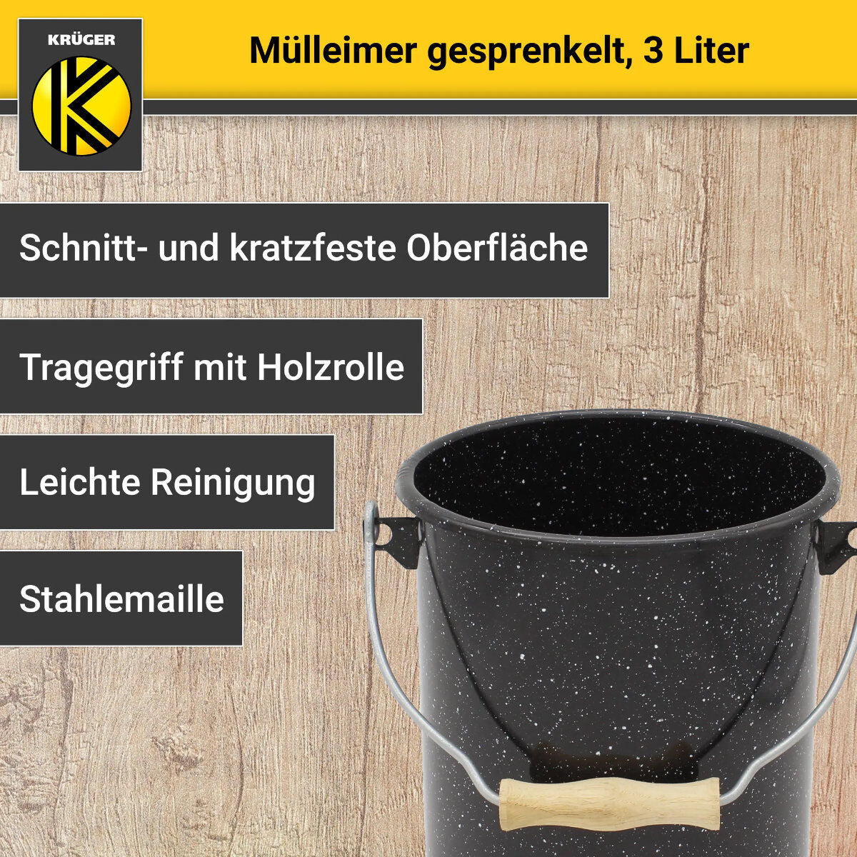 Karl Krüger M3G Mülleimer mit Deckel 3 Liter aus Haushaltemaille in Schwarz­-Weiß gesprenkelt