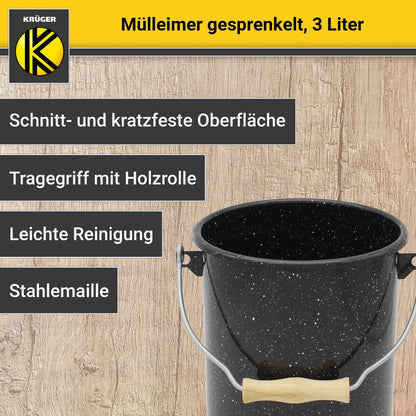 Karl Krüger M3G Mülleimer mit Deckel 3 Liter aus Haushaltemaille in Schwarz­-Weiß gesprenkelt