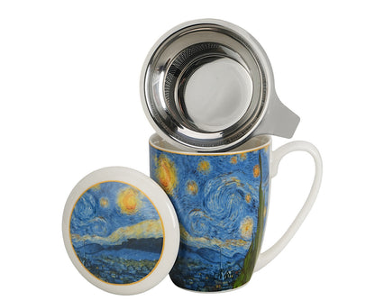 DUO ART GALLERY Becher 360 ml mit Teesieb STARRY NIGHT inspired by Van Gogh, New Bone China Porzellan