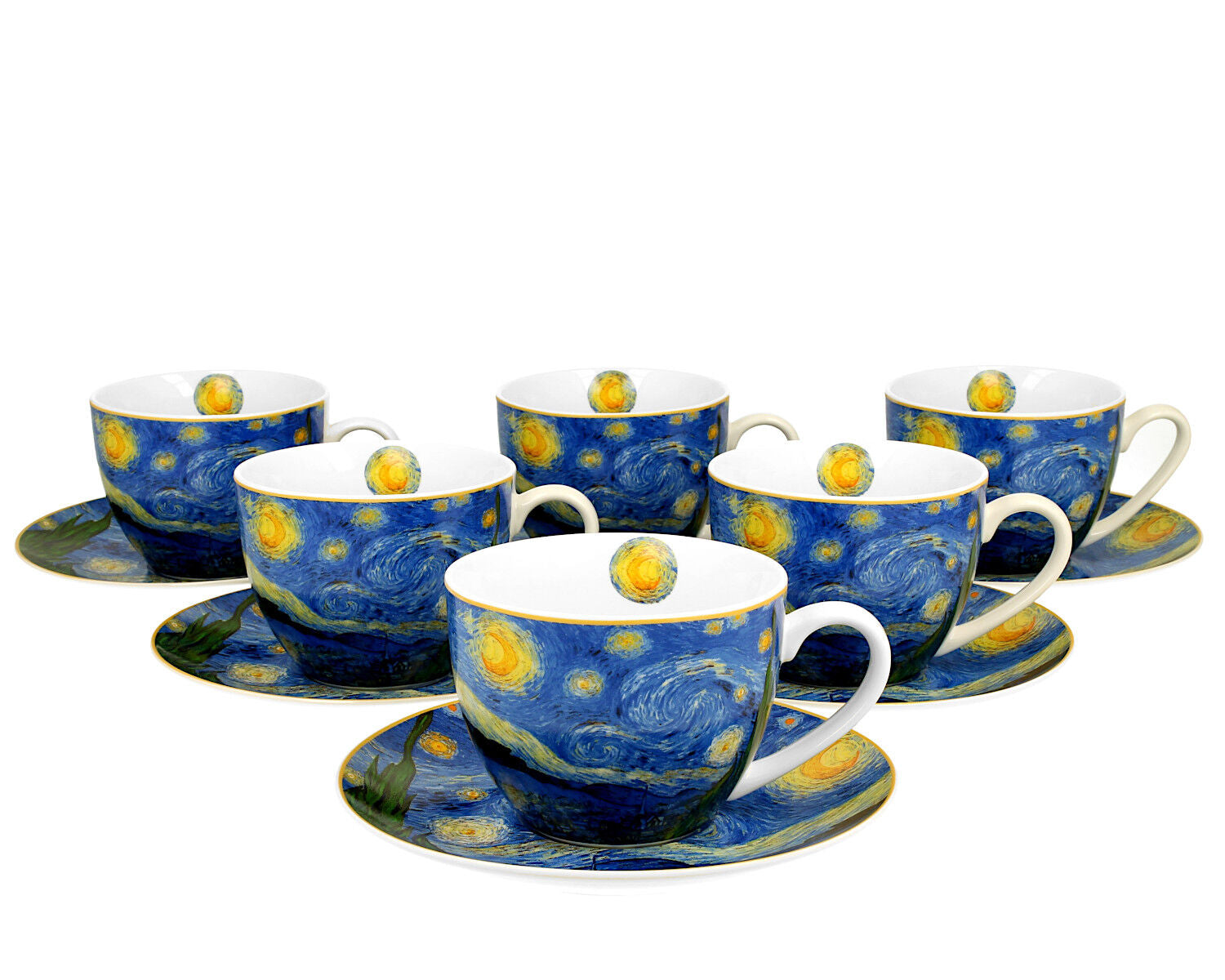 DUO ART GALLERY 6er-Set Tassen 250 ml mit Untere STARRY NIGHT inspired by Van Gogh, New Bone China Porzellan