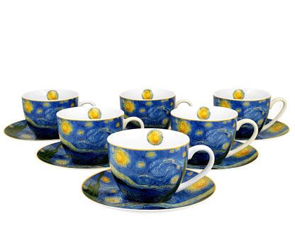 DUO ART GALLERY 6er-Set Tassen 250 ml mit Untere STARRY NIGHT inspired by Van Gogh, New Bone China Porzellan