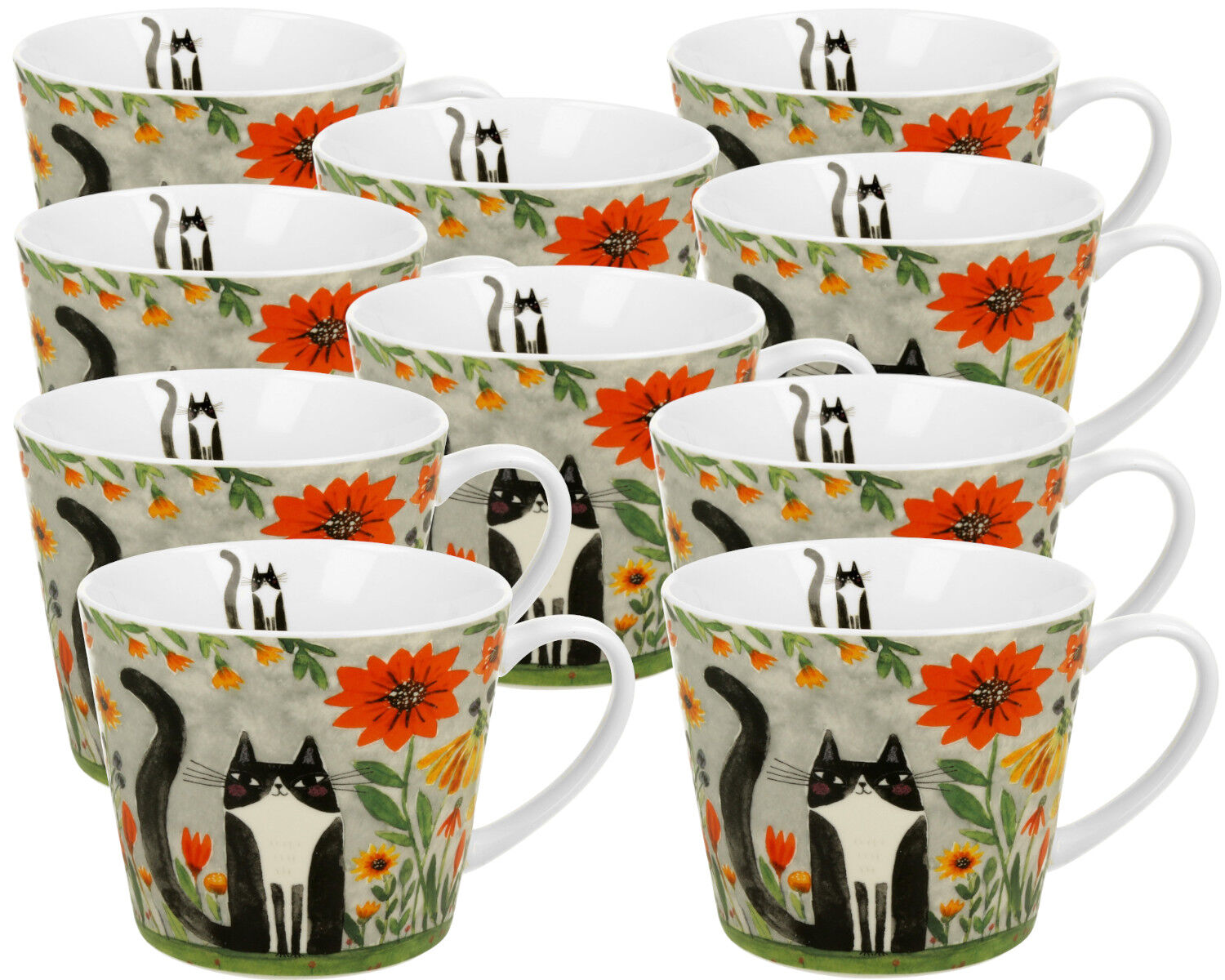 10er SET DUO ANIMALS Becher 610 ml CAT'S WORLD - MEADOW aus Bone China Porzellan