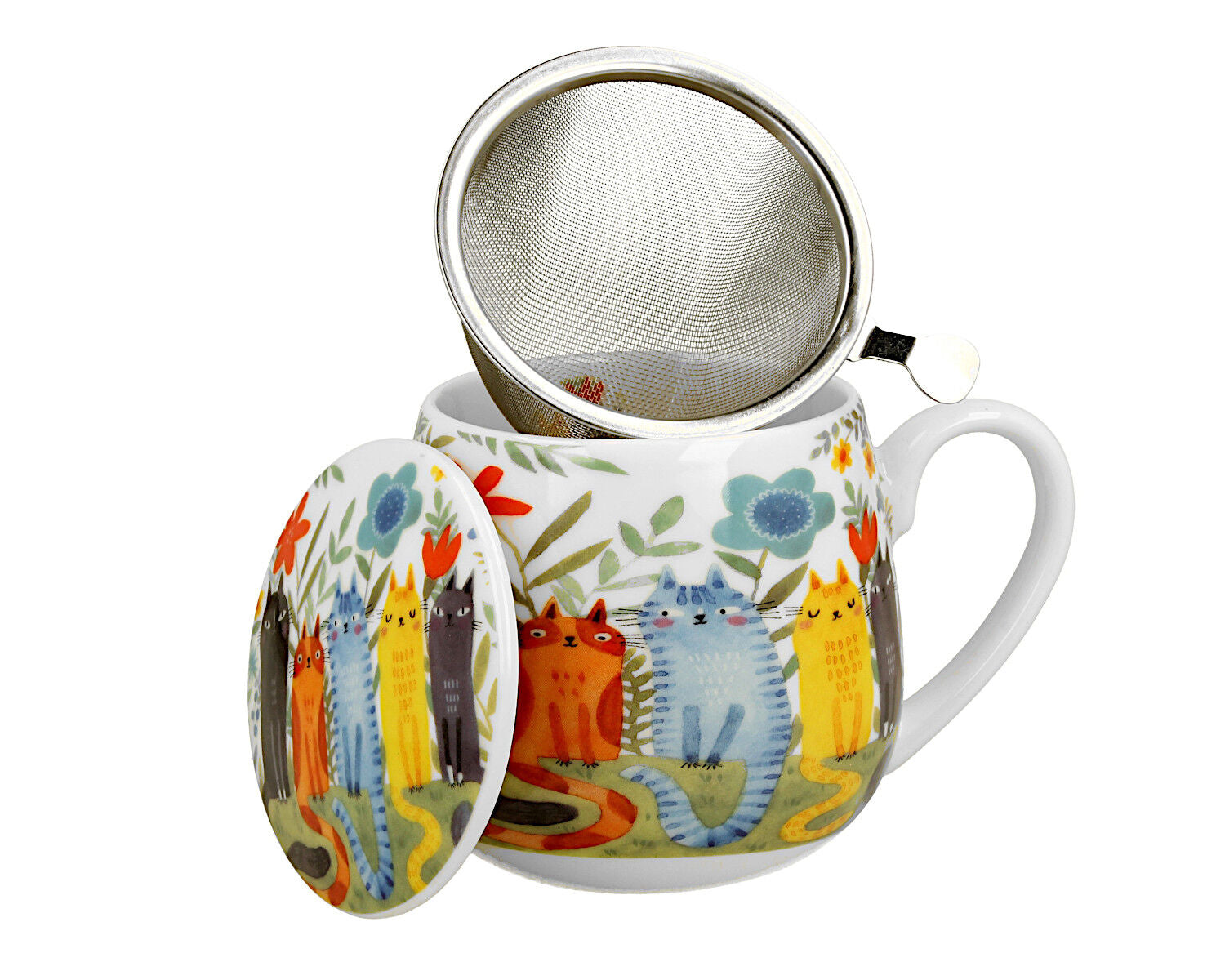 DUO ART GALLERY Fassbecher 430 ml CAT'S WORLD – GARDEN FELINES mit Teesieb, New Bone China Porzellan