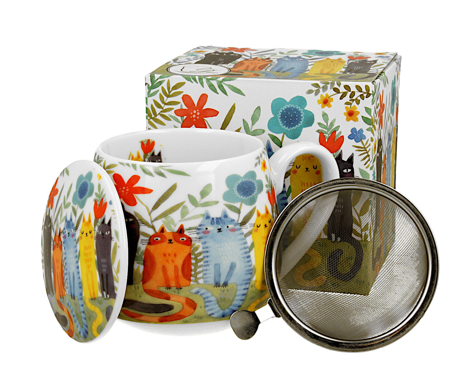 DUO ART GALLERY Fassbecher 430 ml CAT'S WORLD – GARDEN FELINES mit Teesieb, New Bone China Porzellan – Bild 3