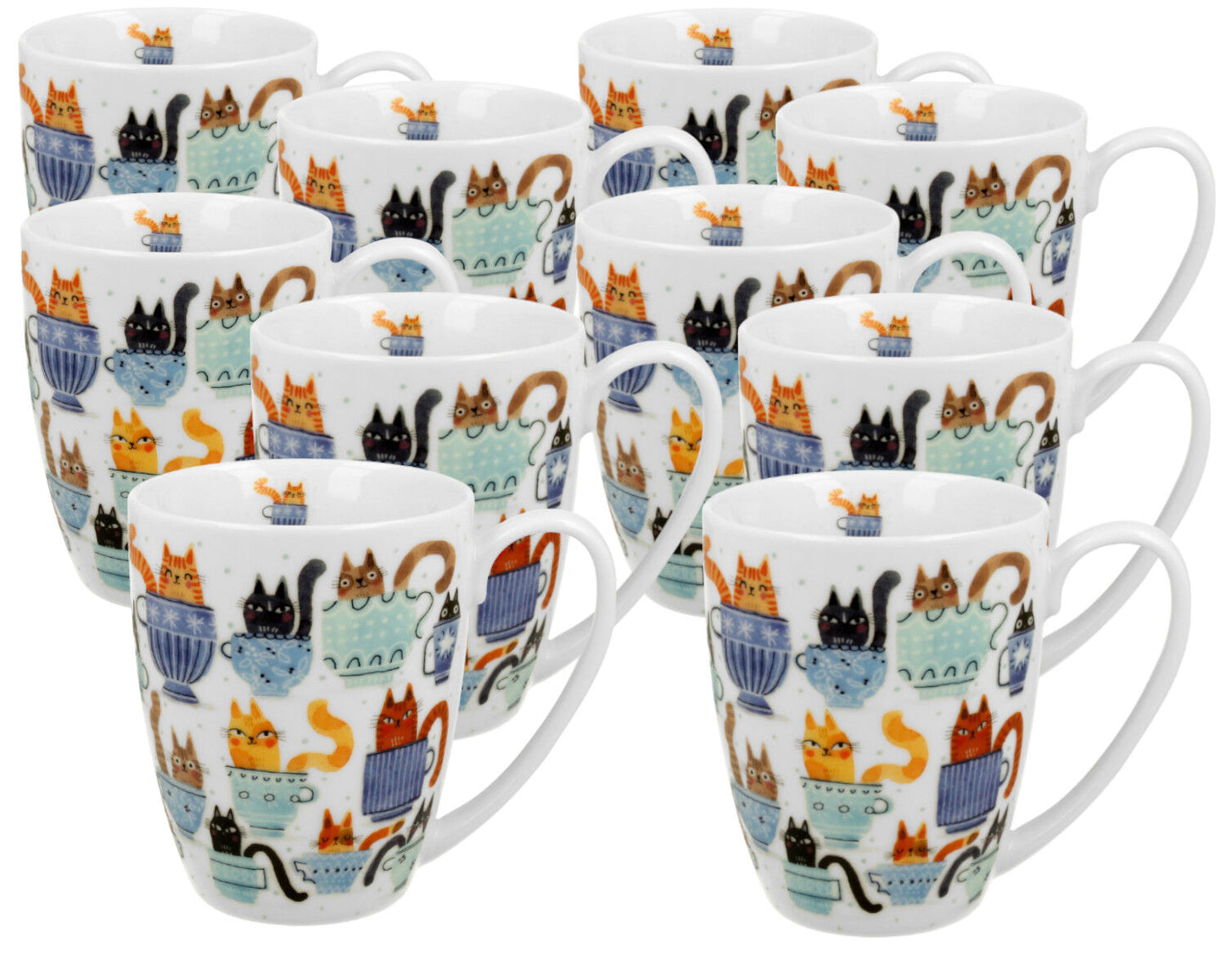10er SET DUO ANIMALS Klassischer Becher 360 ml CAT'S WORLD - Teacup Cats aus Bone China Porzellan