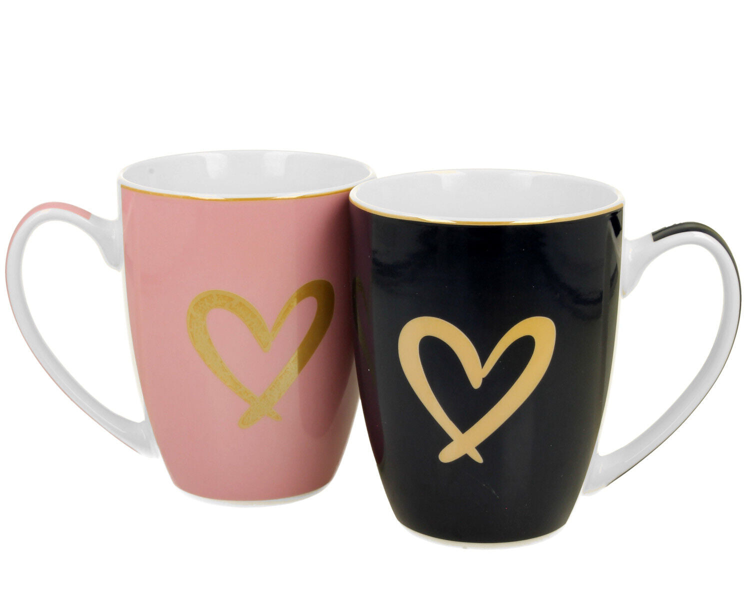 DUO 2er SET Becher 360 ml GOLD HEART - Pink & Dark Blue - New Bone China Porzellan