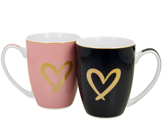 DUO 2er SET Becher 360 ml GOLD HEART - Pink & Dark Blue - New Bone China Porzellan