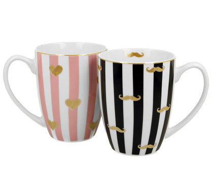 DUO 2er SET Becher 360 ml MOUSTACHE & SMALL HEARTS - New Bone China Porzellan