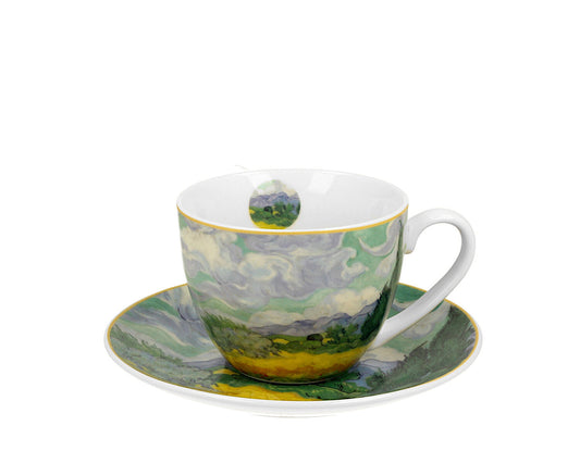 DUO ART GALLERY Tasse 250 ml mit Untertasse WHEAT FIELD inspired by Van Gogh, New Bone China Porzellan