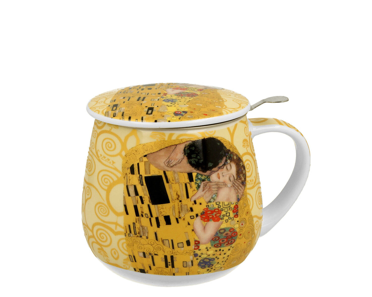DUO ART GALLERY Becher 430 ml mit Teesieb THE KISS ECRU inspired by Gustav Klimt New Bone China Porzellan