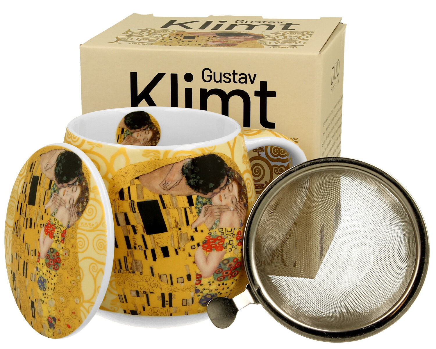 DUO ART GALLERY Becher 430 ml mit Teesieb THE KISS ECRU inspired by Gustav Klimt New Bone China Porzellan – Bild 3