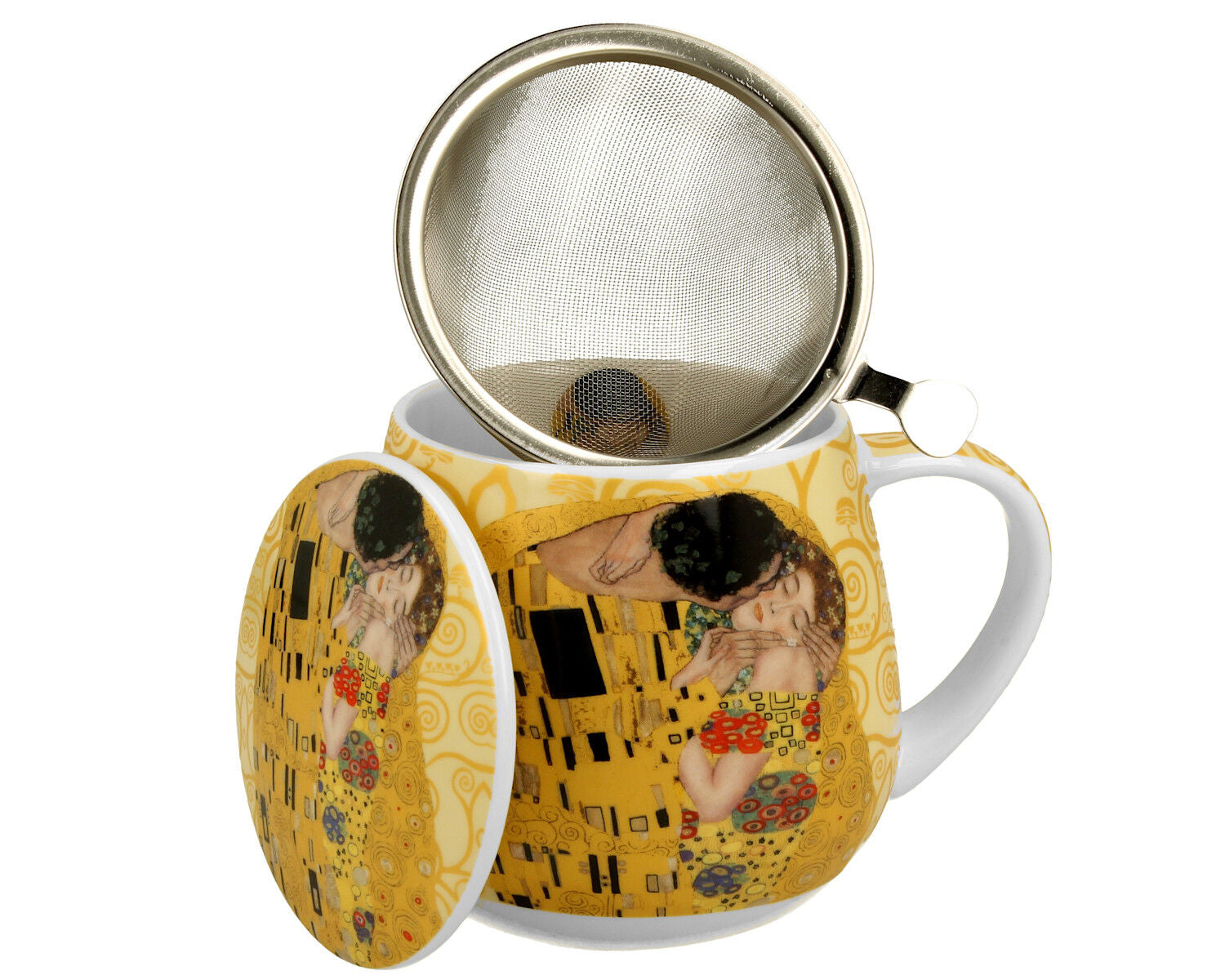 DUO ART GALLERY Becher 430 ml mit Teesieb THE KISS ECRU inspired by Gustav Klimt New Bone China Porzellan – Bild 2