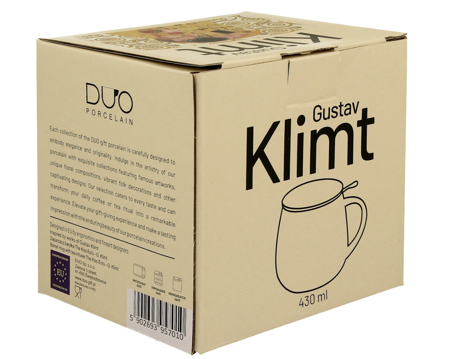 DUO ART GALLERY Becher 430 ml mit Teesieb THE KISS ECRU inspired by Gustav Klimt New Bone China Porzellan – Bild 4
