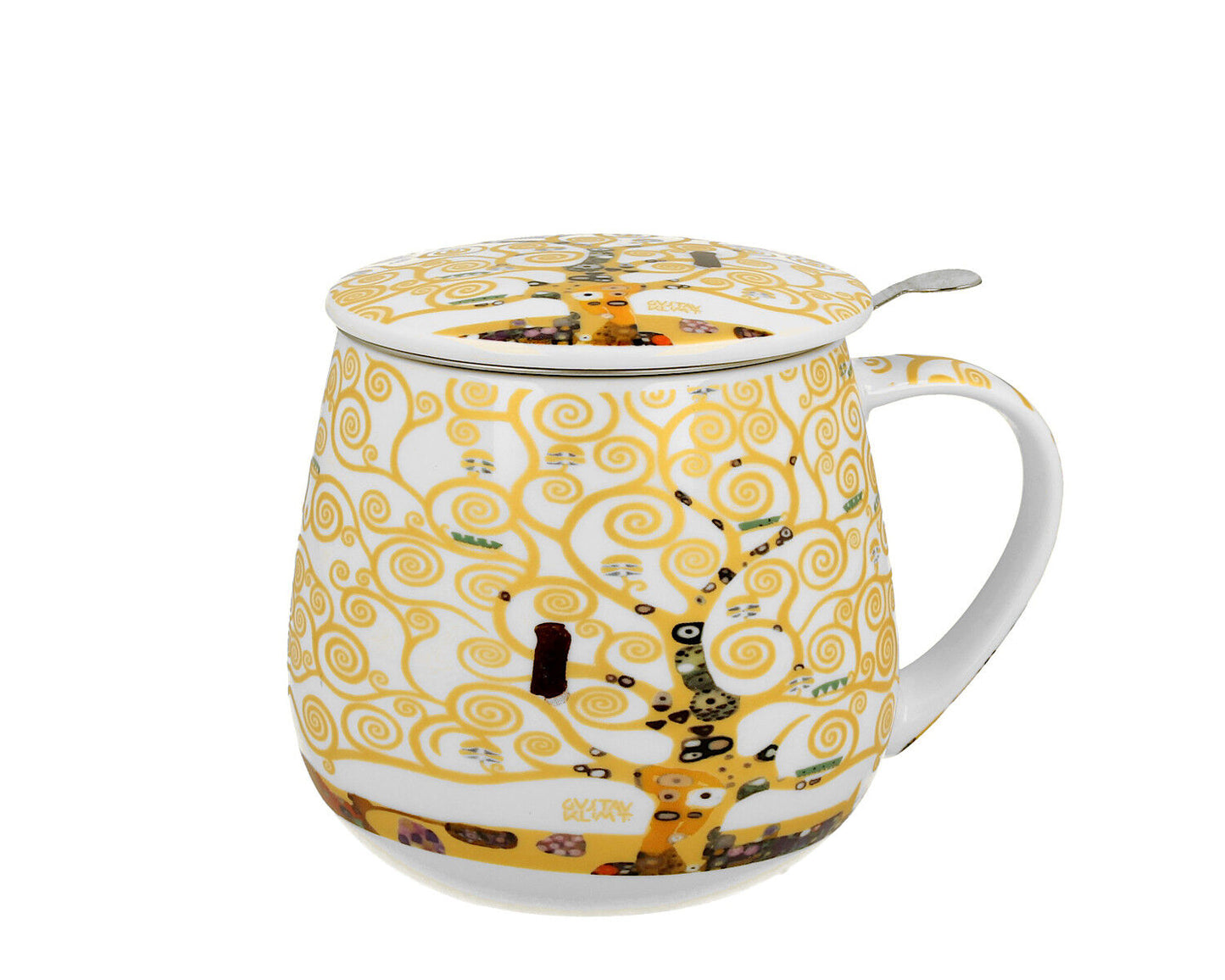 DUO ART GALLERY Becher 430 ml mit Teesieb TREE OF LIFE ECRU inspired by Gustav Klimt New Bone China Porzellan